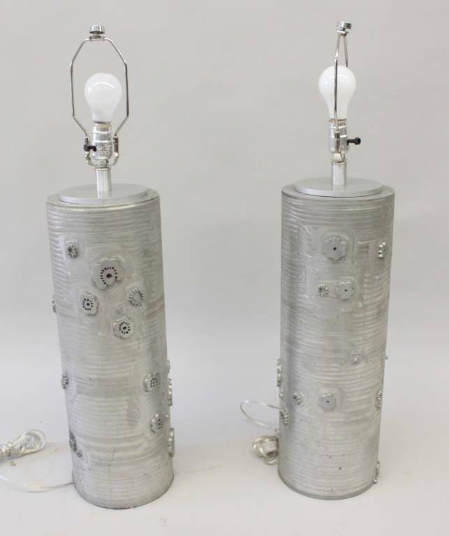 PAIR OF ALUMINUM WALLPAPER ROLLER LAMPS: Dimension: H 32.5" X W 8" Condition: excellent