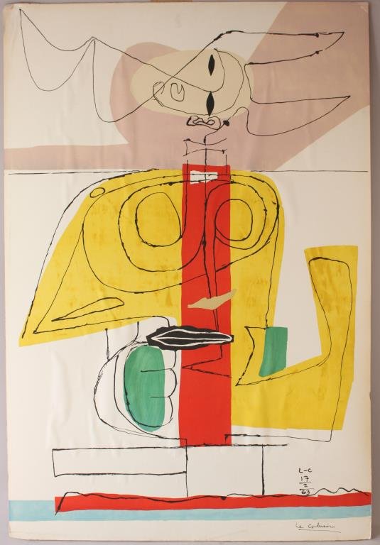 LE CORBUSIER PRINT: Artist Charles-Édouard Jeanneret-Gris (1887-1965) better known as Le Corbusier Title: TAUREAU, 1963 Unframed color lithograph, signed in the plate. Dimensions: L 43 1/2" x W 29 1/2" Condition: creasi