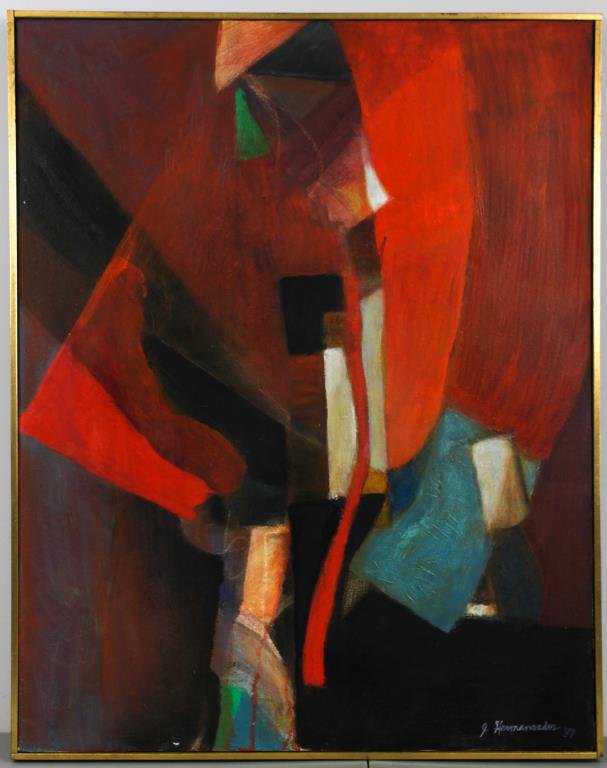 JOHN HERMANSADER (AMERICAN 1915 - 2005): Titled: "BLACK BOX", 1989 Oil on canvas, signed & dated lower right Dimensions H 22.5" X L 28.5" Condition: Very good Note: John Hermansader was an American painter, graphic designer, and jazz fan. He