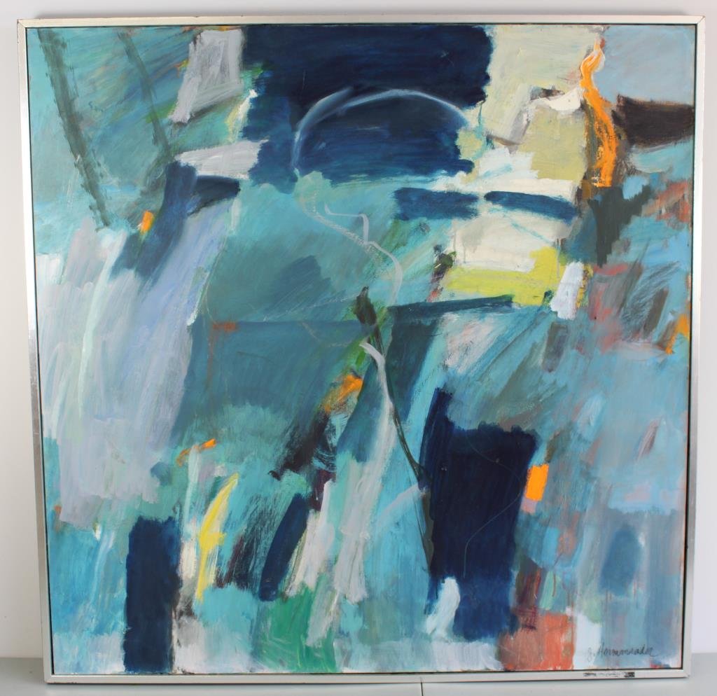 JOHN HERMANSADER (AMERICAN 1915 - 2005): Titled: "12 EQUATION" Oil on canvas, signed lower right Dimensions H 37" X L 37" Condition: Very good. Note: John Hermansader was an American painter, graphic designer, and jazz fan. He is remembered 