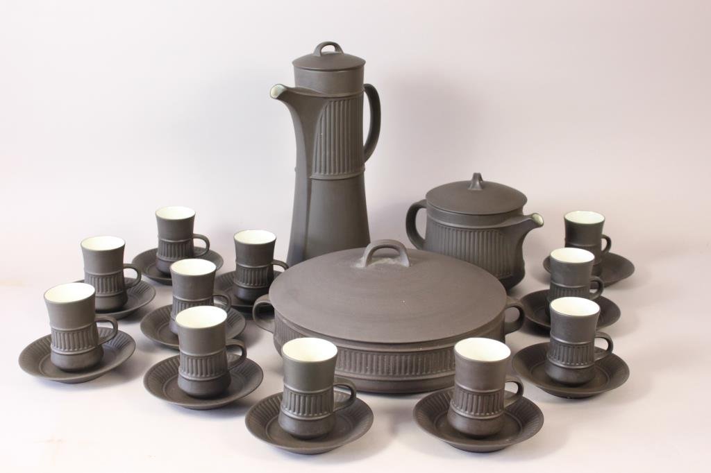 DANSK FLUTED FLAMESTONE GROUPING: C. 1950's, marked "Dansk Designs" to bottom. Chocolate pot, tea pot, 8 demitasse cups/saucers + large casserole. Dimension: Pitcher: H 13.5" X D 4" Condition: Very good.