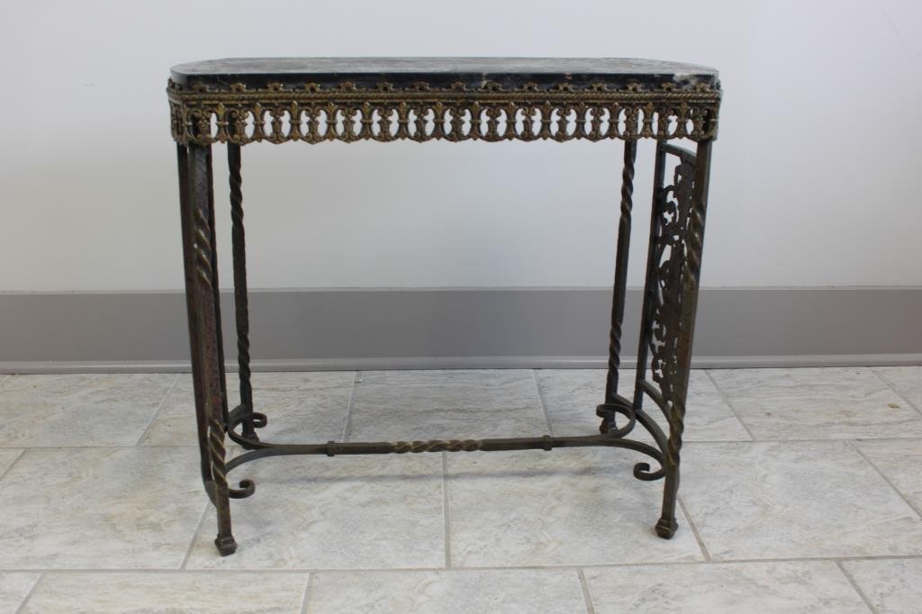 OSCAR BACH MARBLE TOP SIDE TABLE: Dimensions H 24" X L 22" X W 12" Condition: Chipping to marble top.