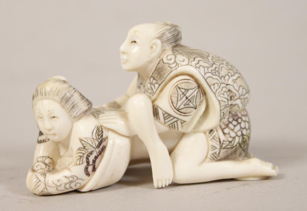 SIGNED EROTICA CARVED IVORY PEOPLE NETSUKE: Dimension: H 1.5" X L 2.5" X W 1.25" Condition: Excellent