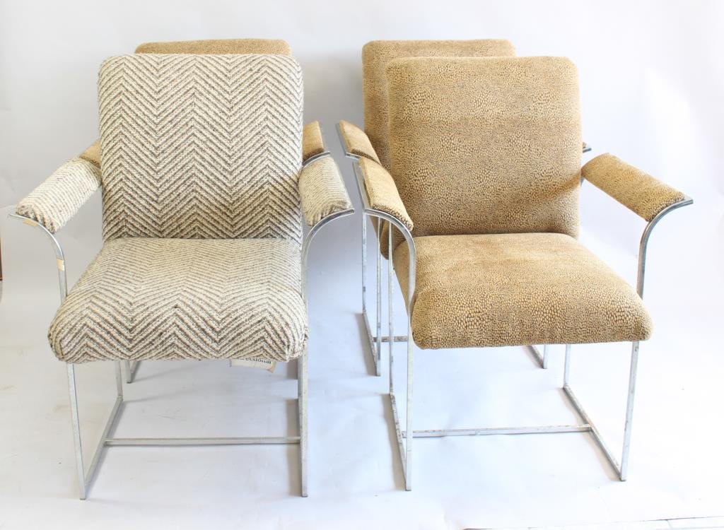 4 MILO BAUGHMAN STYLE ARM CHAIRS: Dimension: H 36" X L 23" X W 27.5" Condition: Some light pitting, one has different upholstery.