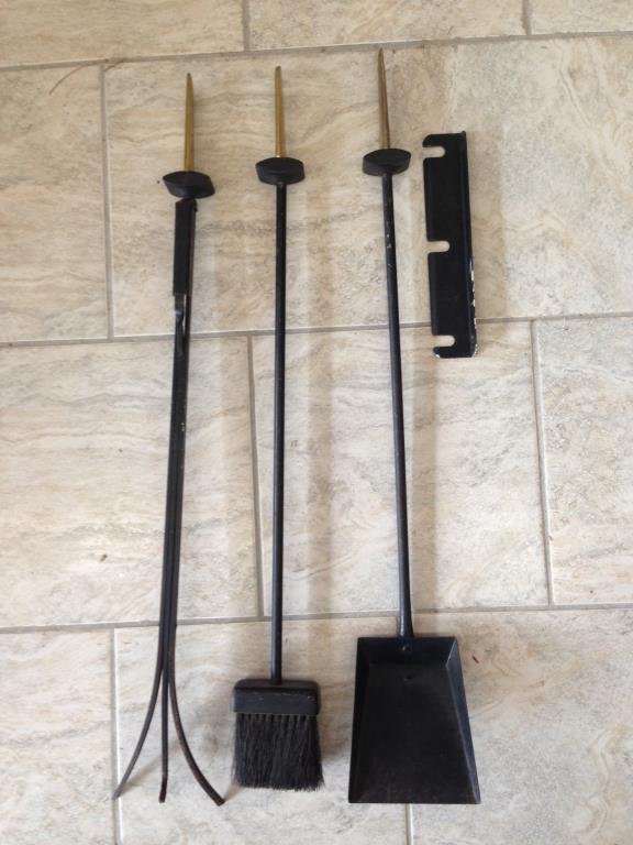 DONALD DESKEY WALL MOUNT FIRE TOOLS: Dimensions: 30" tall X 2" W Condition: good, signs to use to all pieces.