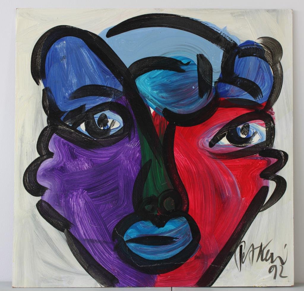 1992 PETER KEIL ABSTRACT FACE PAINTING: Dimension: L 24" X W 24" Condition: Very good