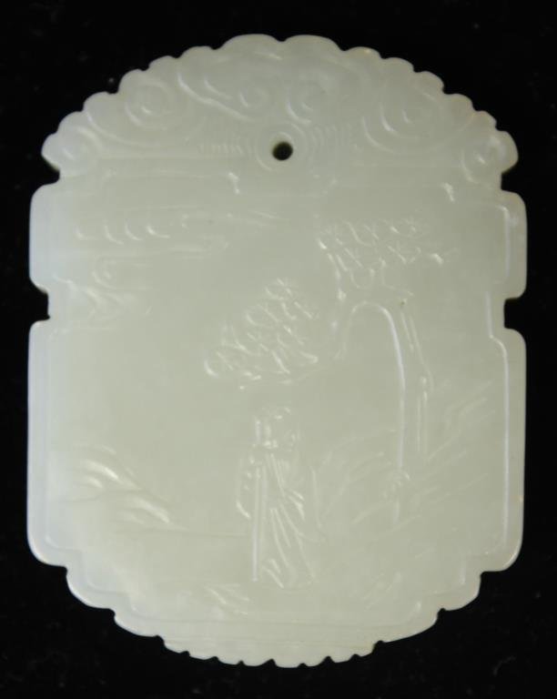 QING DYNASTY CARVED JADE PENDANT AMULET PLAQUE 3: Pale Celadon color Guaranteed Fine Quality Qing Dynasty Jade! Dimension: L 2 1/4" x W 1 3/4" x H 3/16" Condition: very good Provenance: From the Estate Antique collection of Arthur & Joe Robinson