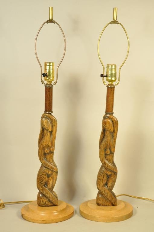 PAIR FIGURAL OAK LAMPS IN THE MANNER OF HEIFETZ: Dimensions: Diameter 7" x H 26 1/2" Condition: very good, no apparent issues