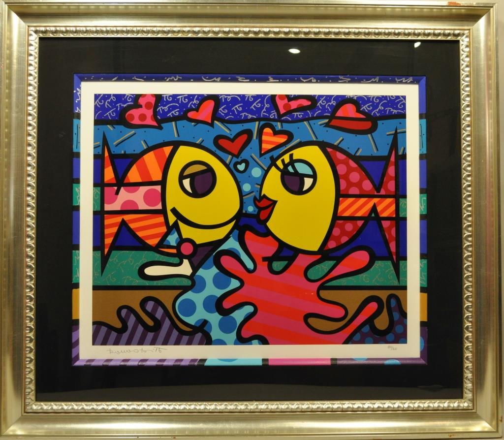 ROMERO BRITTO (BRAZILIAN 1965 - ) "DEEPLY IN LOVE": "Deeply in Love" depicting two fish with hearts Serigraph with painted mat. Raised stamped ROMERTO BRITTO, pencil signed lower left. & lower right edition: 189/300 Dimension: H 34 1/2" x 39 1/2" Condi
