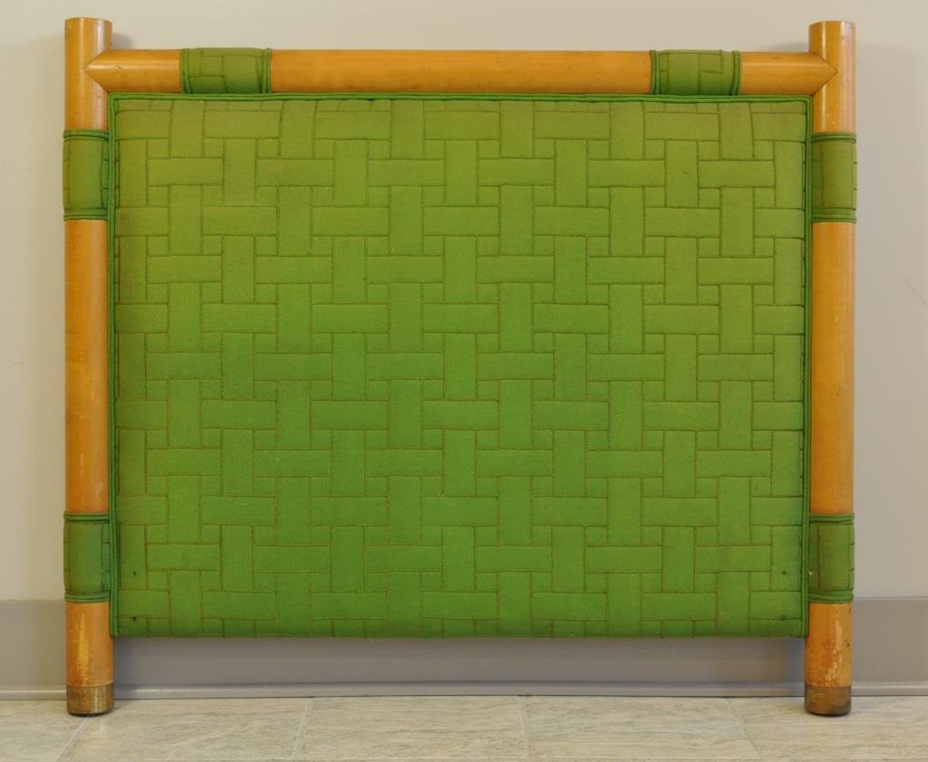 TOMMI PARZINGER TWIN HEADBOARD: Tommi Parzinger Originals, finished wood and original pattern. Dimensions: L 44" x W 3" x H 39" Condition: missing finials, oxidization to interior cushioning, otherwise very good vintage condition