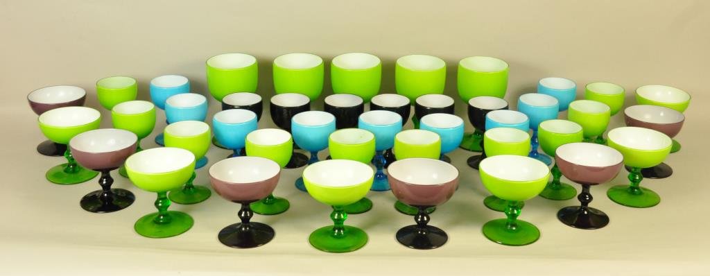 GROUPING OF CASED MURANO STEMWARE GLASSES: 45 pieces total. Dimension: Tallest: 5 1/2" Smallest: 4 3/4" Condition: Good. None broken, a few small chips. Only light wear to a few.