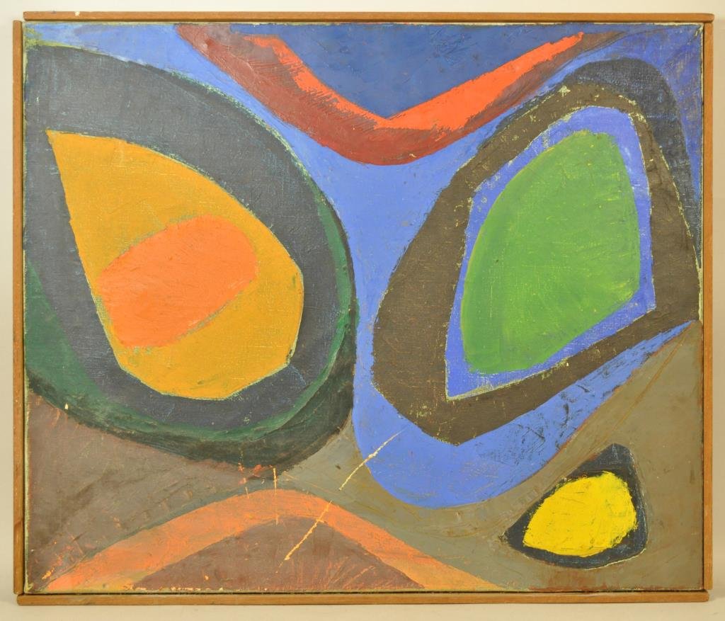 PAUL HEIFETZ (1927-2010, 20TH CENTURY) ABSTRACT: Untitled (geometric abstract forms), ca.1950 Oil on canvas Dimension: H 20.5" X W 25.5" Condition: very long scratches on the bottom center. Provenance: From the estate of Paul Heifetz, son of Yasha H