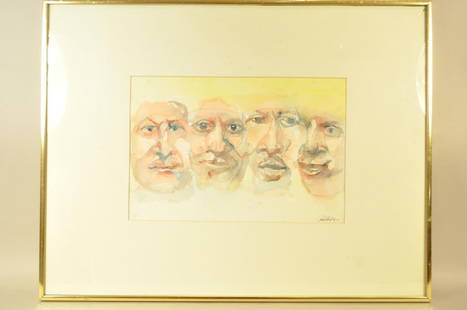 PAUL HEIFETZ (1927 - 2010, 20TH CENTURY) PAINTING: Untitled (four faces), 2000 Watercolor on paper, signed lower left Dimension: framed H20" x W26.5" Condition: good Provenance: From the estate of Paul Heifetz, son of Yasha Heifetz