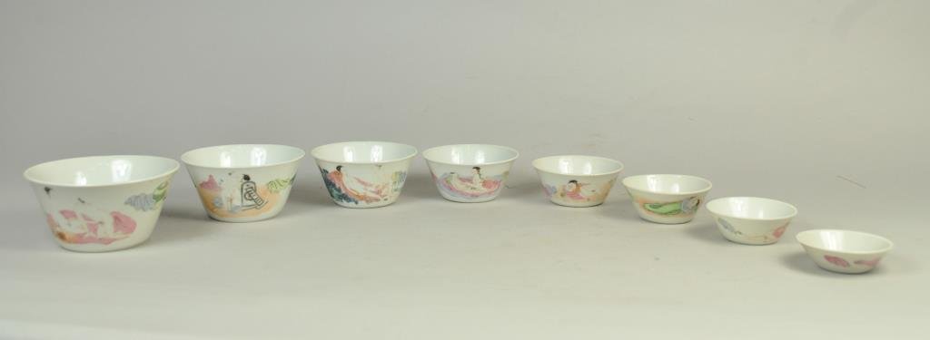ASIAN EROTIC PORCELAIN NESTING CUPS: Dimensions (largest): Diameter 4" x H 2" Condition: minor paint loss, overall very good condition