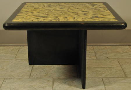 MID-CENTURY FAUX PAINTED OYSTER TOP SIDE TABLE: Glitter lacquered black edges. Dimension: L 25" square X H 19" Condition: White scuffs to edges, no major chips. Provenance: From the estate of Paul Heifetz, son of Yasha Heifetz