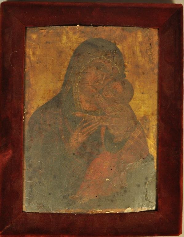 ITALIAN ICON OF A MADONNA & CHILD: Italian, Siena School region ca.13th / 14th century icon Tempera and gold on wood panel Dimensions: H 11 5/8" x W 8.5" framed H14.5" x W 11.5" Condition: cracks to the surface & dirt. Loose tempera on