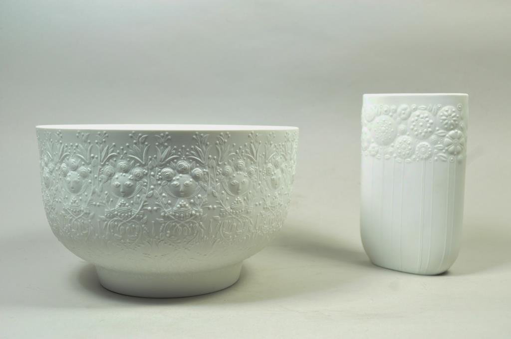 BJORN WIINBLAD ROSENTHAL PORCELAIN PAIRING: Signed to bottom of vase Dimensions (bowl): Diameter 9 1/2" H 6" Dimensions (vase): L 4 1/2" x W 2 1/4" x H 7" Condition: excellent