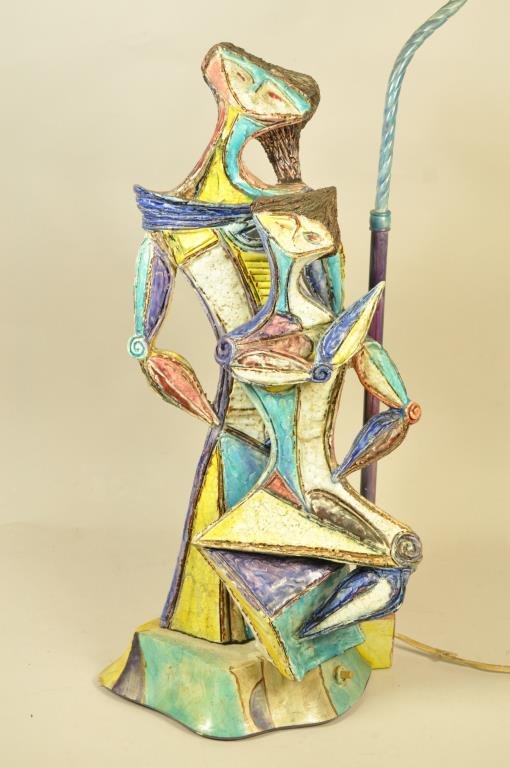 MARCELLO FANTONI CUBIST FIGURE C. 1950s: Dimension: H 21" X W 10" (not including lamp parts) Condition: overall good, small chip to end of limb