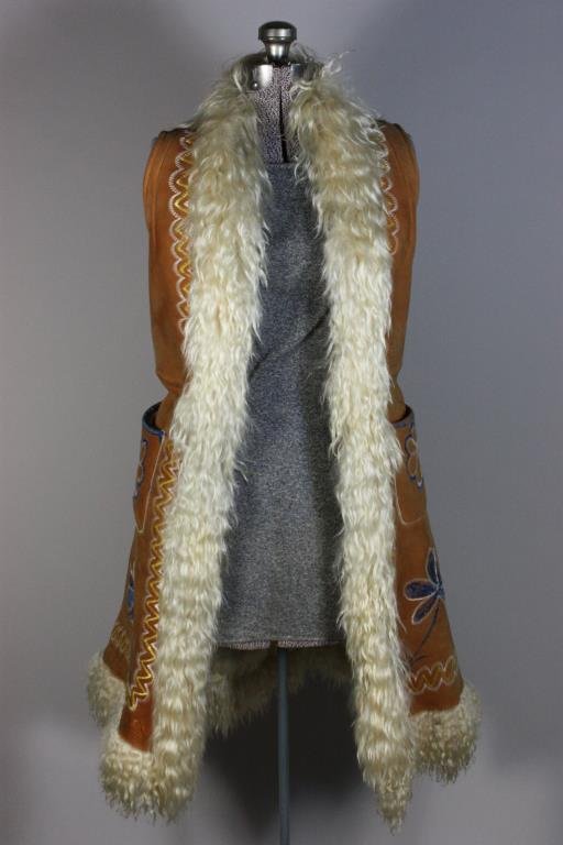 1960'S LONG SUEDE EMBROIDERED VEST: Dimension: W 15" x H 42" Condition: needs to be cleaned, some dirt to suede