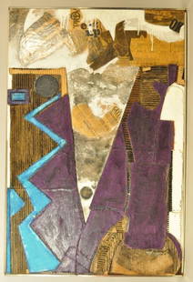 1968 ABSTRACT MIXED MEDIA, BECKER (20TH CENTURY): Untitled, (abstract forms),1968 Mixed media: newspaper, cardboard, oil, signed lower left. Dimension: H 24" x W36.5" Condition: good Provenance: From the estate of Paul Heifetz, son of Yasha Heifetz