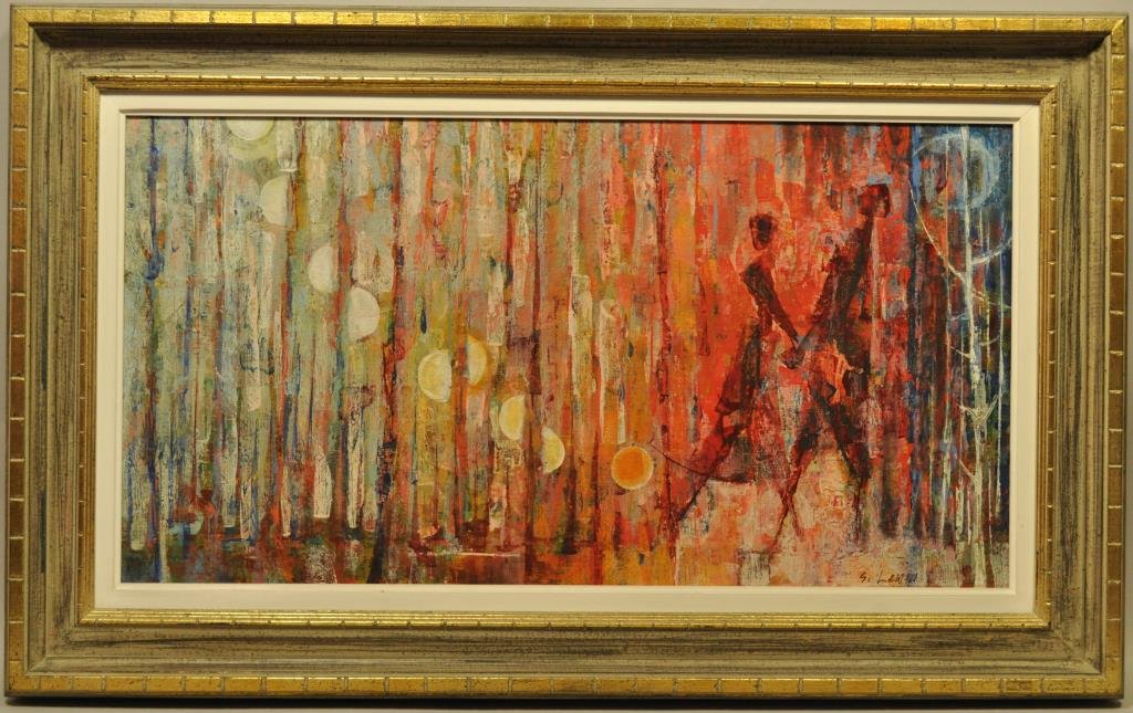 SI LEWEN ( POLAND1918 -) ABSTRACT PAINTING: Lovers Lane, ca.1960 (abstract figures) Oil on canvas, signed lower right Dimensions: H 16" X W 30", frame: H 22 1/2" X W37"
