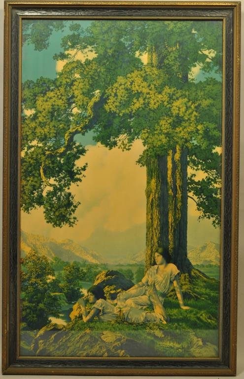 MAXFIELD PARRISH ( AMERICAN 1870-1966): "Hilltop" 1927 Off-set print, signed lower left Condition: good. scuff mark on the frame left side. Dimensions: original frame H 32 1/2" x 201/2"