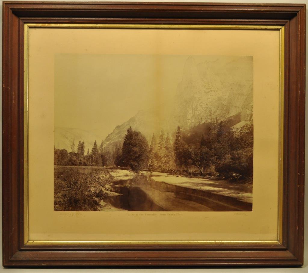 EADWEARD J. MUYBRIDGE (BRITISH 1830 -1904) PHOTO: "Vallery of the Yosemite from Sandy Flat",1868 -1872, Muybridge, photo, Bradley & Rulofson Publishers Large albumen print Condition: light brown fading on the center of the photo Dimensions: H 17" X W