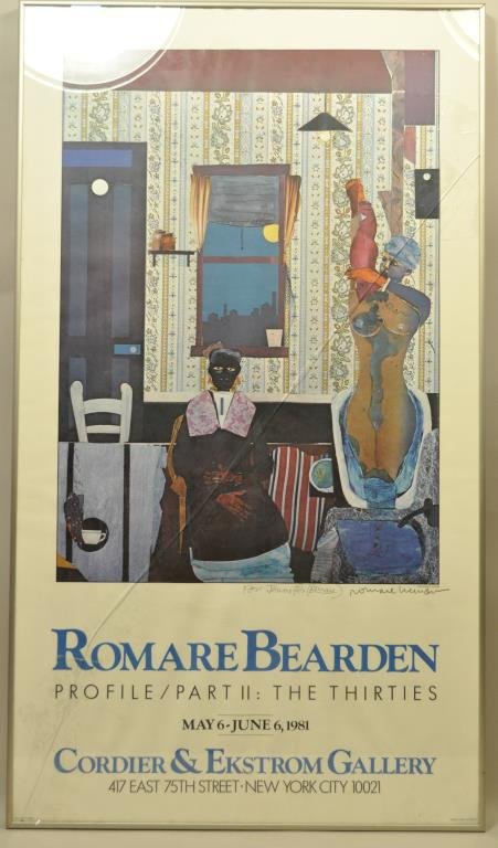 ROMARE BEARDEN EXHIBTION POSTER: Profile part II, The Thirties, May 6 - June 6,1981, Cordiest Eikstrom Gallery, 417 East 75th street, New York City, N.Y. Color off-set print, signed by the artist Dimensions: framed H38" x W22" Condit
