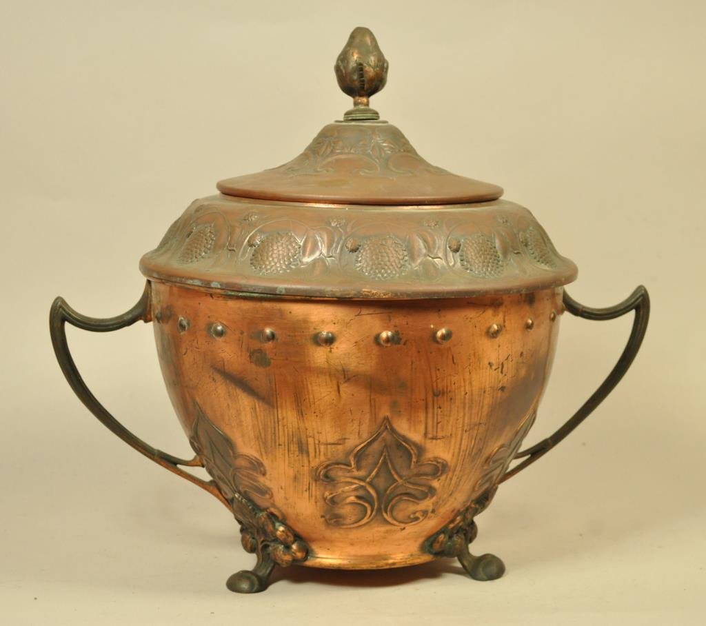 ART NOUVEAU COPPER PUNCH BOWL/ COOLER CA 1900: Stamped to bottom GES. GESCH, ostrich inside a diamond. Dimensions: Diameter 11" x H 14" Condition: overall good vintage condition Provenance: From a Westport, CT Estate.