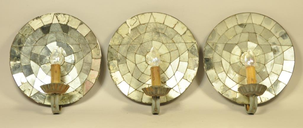 THREE ANTIQUE STAR MIRROR AND PEWTER SCONCES: Dimensions: Diameter 10 1/2" x W 4 1/2" Condition: some splattered paint, overall very good condition