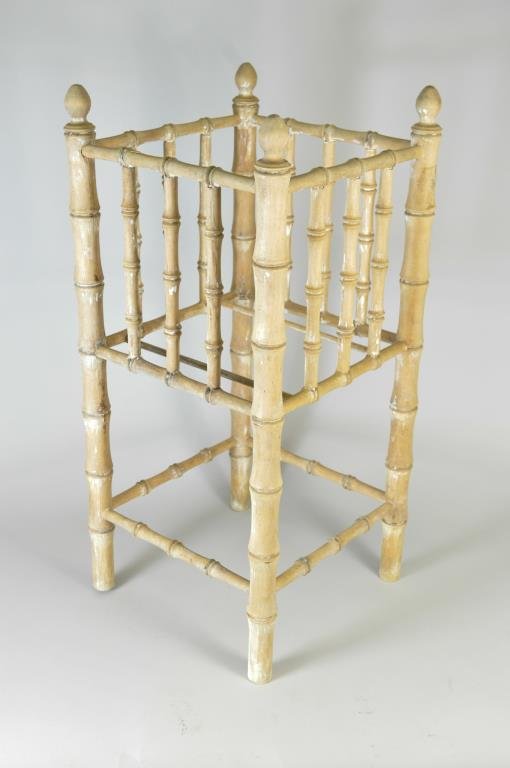 BAMBOO UMBRELLA STAND: Dimensions: L 11 1/2" x W 11 1/2" x H 25" Condition: break to top stretcher Provenance: From the estate of Designer Stanley Hura.