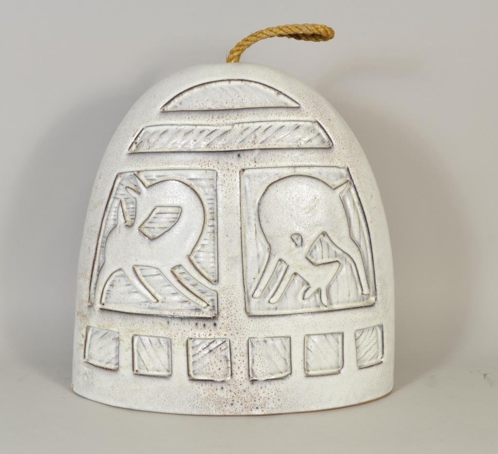ALESSIO TASCA ( ITALY 1929 - ) ART POTTERY: Hanging art pottery with rope hanger, C. 1960 White matted glaze ceramic, stamped on the lower left side & has half of a paper label on the side ALESSO TASCA 360- ,NOVE, ITALY Dimensions: H 14" X L 14