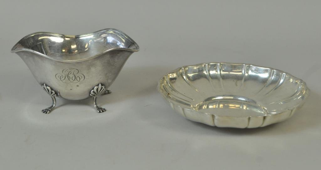 TWO STERLING SILVER PIECES: A small dish, hallmarked - Betsy Ross by Wallace Sterling 210. Dimensions:H 1", Dia.5 1/2", 2.9 ozt. & Monogram sugar bowl, hallmarked by Bailey, Banks & Biddle Co. 2114.,Dimensions:H 2 1/2" in, dia.5
