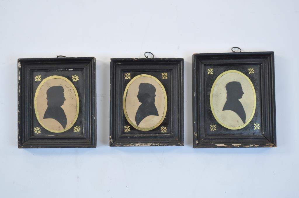 19TH C. SILHOUETTES ATTR. TO WILLIAM JAMES HUBARD: EARLY 19TH C. SILHOUETTES OF THREE GENTLAMAN William Cooper Hall, Charles Cooper & John Taylor Hall, 1826 black & white paper, gold & black reverse painting on glass. All three have labels on the back
