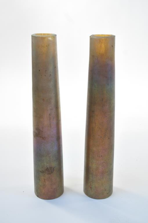 PAIR OF TIFFANY FAVRILE GLASS COLUMNS: Most likely from a bedstead or Canopy bed frame, perfect for a pair of lamps. Measurements: 18.5" H X 3.5" D Condition: 1/2" scallop chips to each top rim, smaller chips to bottom Provenance: Arthur &