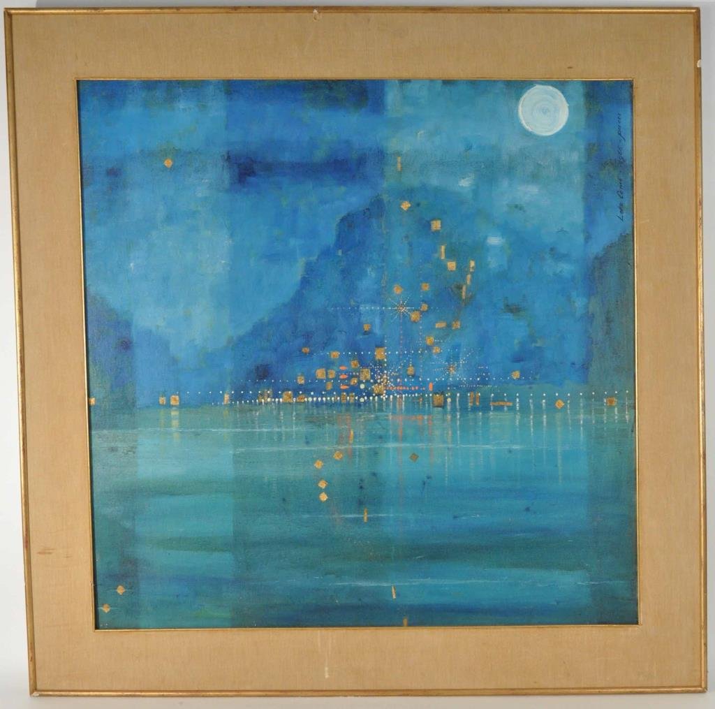 1966 PAINTING OF LAKE COMO IN ITALY BY PUCCI: A wonderful surrealist painting of Lake Como in Italy. The painting reflects a mystical array of lights in the distance, possibly from the Bellagio Hotel on Lake Como. The painting is signed and dated