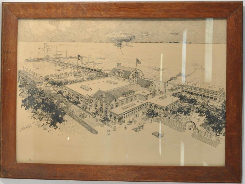 ARCHITECTURAL DRAWING BY L. BIEDEMANN: A birds eye view of a architectural proposal for a yacht club resort complex. ca. 1919-20's Ink on illustration board, signed lower left Dimension: H28" x W 40", framed H34" x W45" Condition: some fox