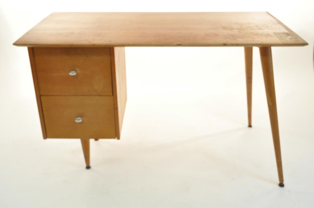 PAUL MCCOBB FOR PLANNER DESK: For Winchendon Dimensions: H 30' x W 48" x D 24" Condition: needs refinishing to top, some splitting of wood at seam ends, overall sturdy and structural