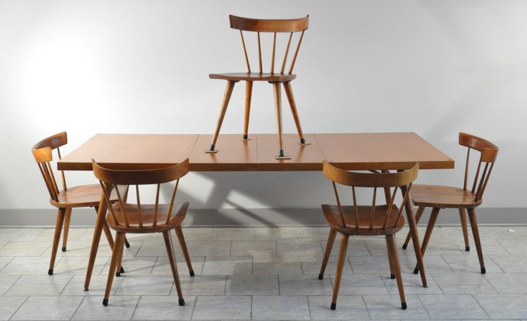 PAUL MCCOBB PLANNER GROUP TABLE & CHAIRS: With table mats and 2 leaves Measurements (table, without leaves): H 29" X W 54" x D 36" Condition: overall very good condition, some wear and minor surface scratching to pieces