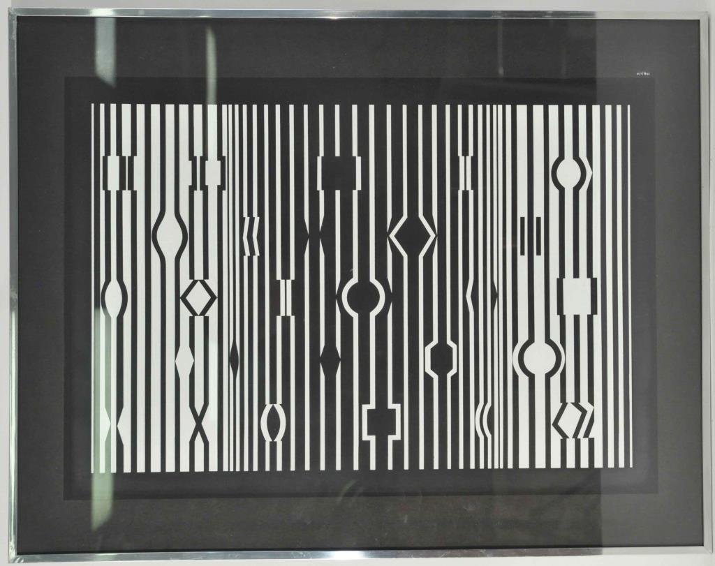VICTOR VASARELY (HUNGARIAN / FRENCH 1906 -1997): BLACK AND WHITE Silkscreen, edition140/150, signed lower right. Dimensions:H 13 3/4" x W 20 1/4" sight, framed H 20 1/2" x W 26" Condition: Back paper ripped slightly otherwise good.
