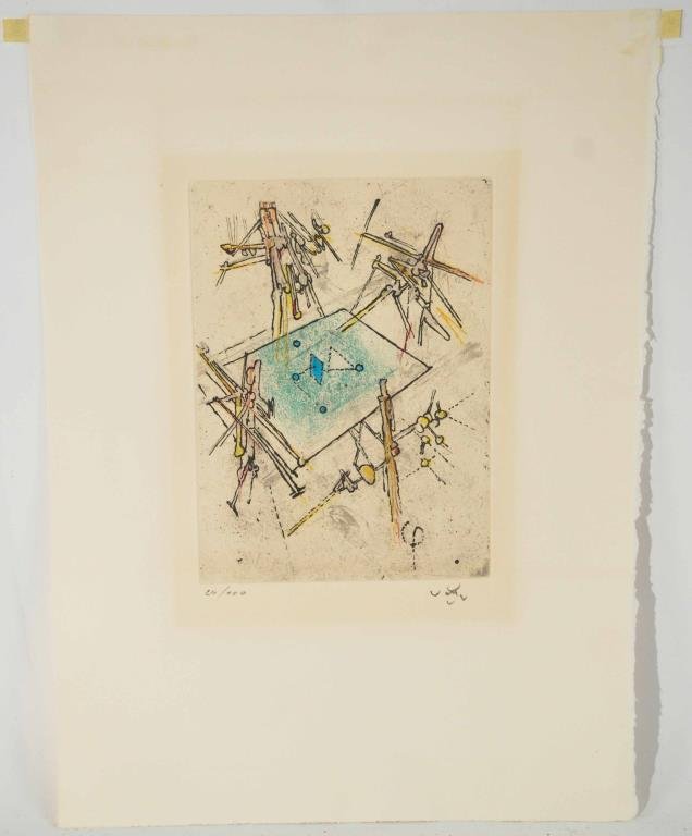 ROBERTO MATTA (CHILEAN 1911 -2002) #1: Untitled (surrealist composition) Color etching, edition 24/100, signed lower right Dimensions: H 8 1/2" x W 6 1/2" unframed Condition: mat stains & two small pin holes on the prints.
