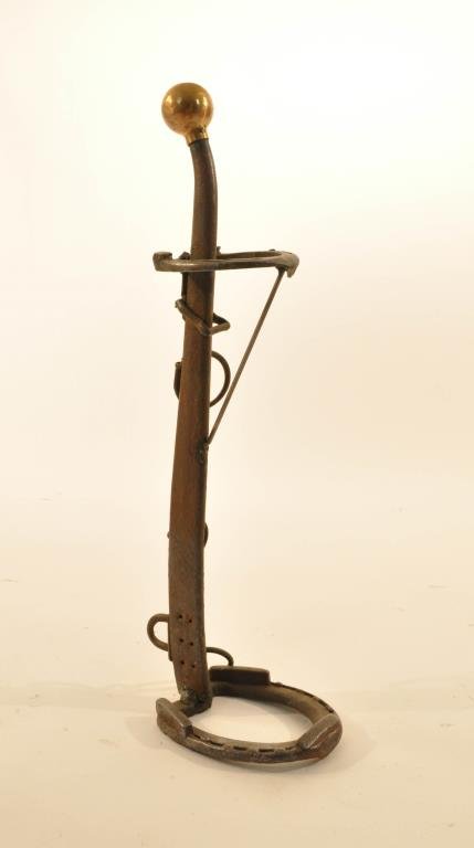 WESTERN IRON HORSESHOE UMBRELLA STAND: Measurements: 25" H X 6" L X 8" W Condition: patina appropriate to age good condition