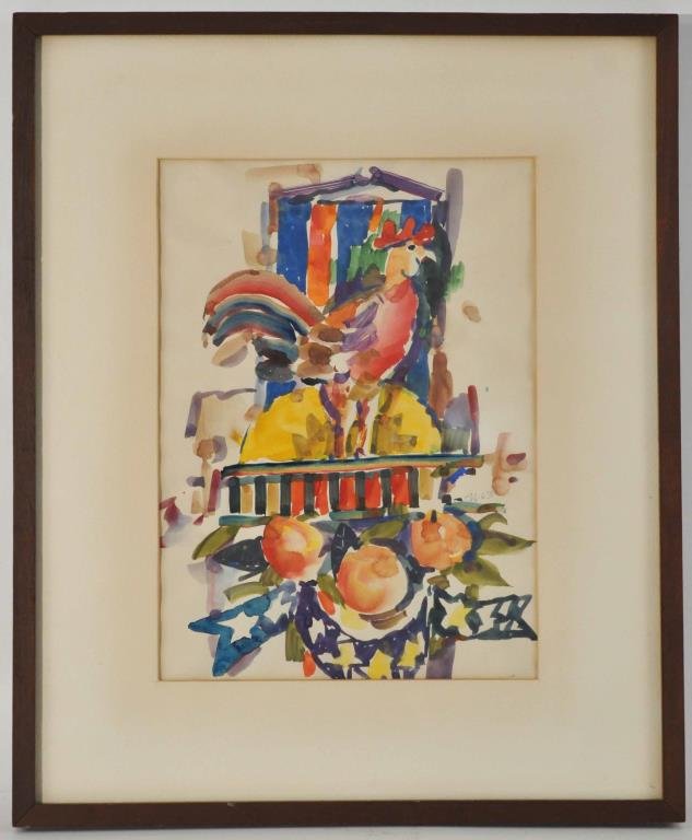 DON NICE (AMERICAN -1932) WATERCOLOR 1963: All American Rooster, 1963 Watercolor on paper, middle right side. Dimensions:H 12" x W 9", frame H19" x W 15.5" Condition: mat stain. Providence: label on the back The Athena Gallery, 278 Orange Stre
