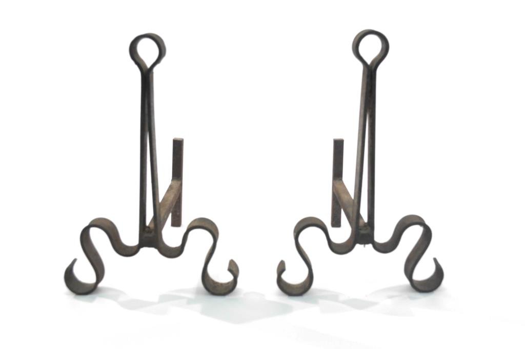 PAIR OF PARZINGER STYLE IRON ANDIRONS: Dimensions: L 13" x W 14" x H 18" Condition: good, some rust