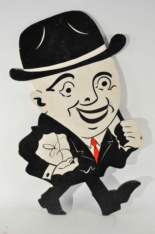 MAN WITH BOWLER HAT ADVERTISING SIGN: Dimensions: H 36" x W 21" x D 3 /4" Condition: some scuffs and surface scratches, a chip to edge