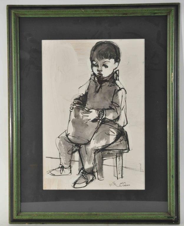 ROB SCHLOSS (20TH CENTURY ): Boy with bucket Ink on paper, signed lower right Dimensions: H 28" x W 22", frame: H 19" x W 13" sight Condition: good