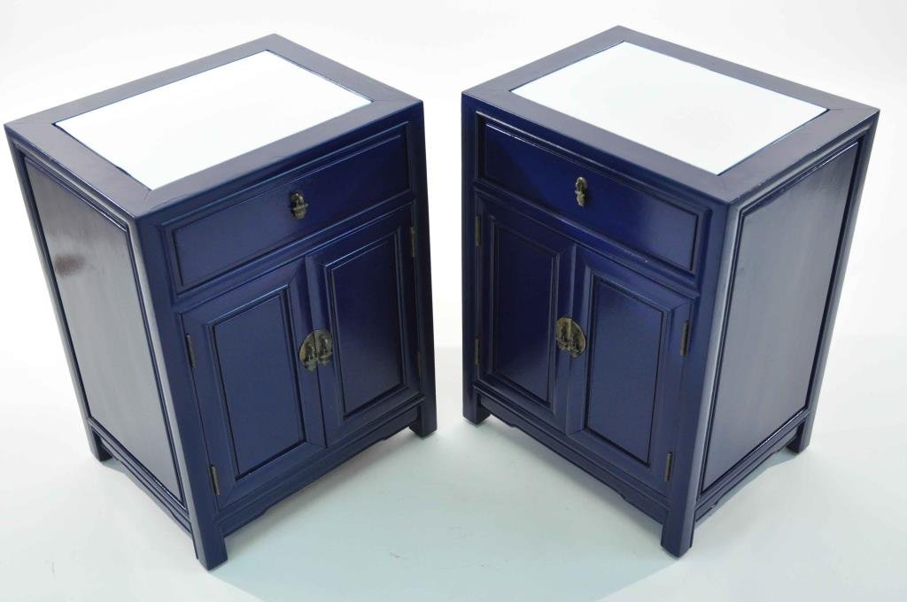 PAIR OF ASIAN LACQUERED NIGHTSTANDS: Teak and Mahogany Dimensions: L 18" x W 14" x H 24" Condition: overall very good, a few small surface nicks