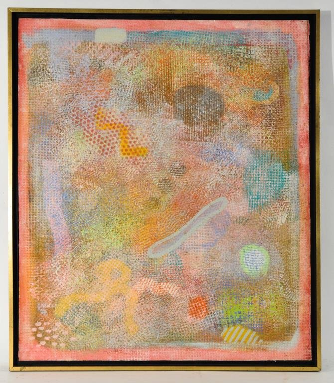 ROBERT NATKIN (AMERICAN 1930 -2010): Untitled, 1972 Acrylic on canvas board, signed lower center & on the back. "A friend that John did framing for. He lives in Redding." R. Natkin. Dimensions: image H 28 1/4" x 24", framed 29.5 x 25.5 C