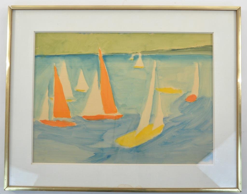 AFTER JOSE PANCETTI: Untitled ( a group of sail boats ) Watercolor on paper or hand color print, signed lower right. Dimensions: image H19.5" x 26.5" W, framed H 26 3/4" x W 33 3/4" Condition: dry mounted on board , fadin