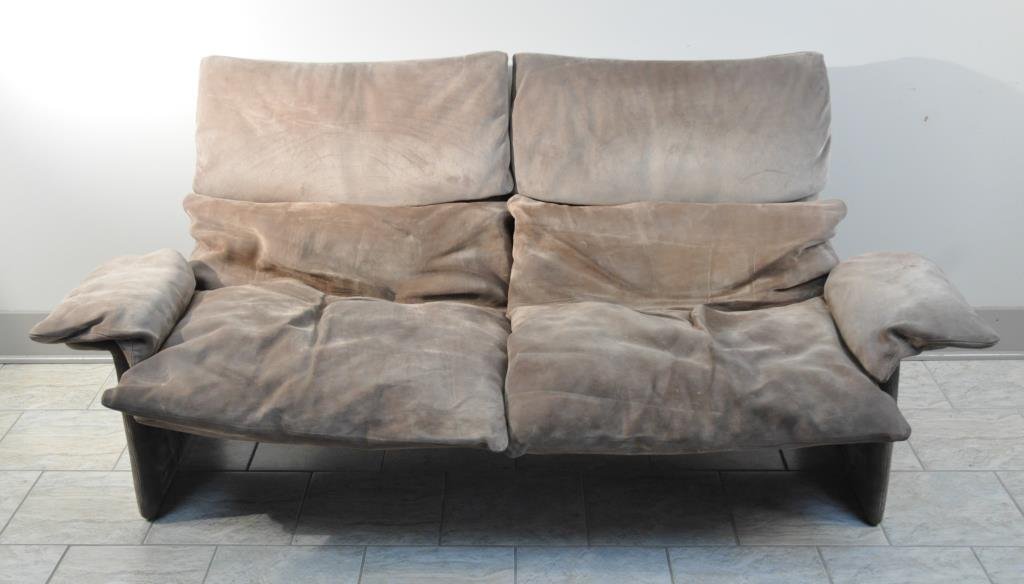 SAPORITI GRAY ITALIAN SUEDE COUCH: Dimensions: H 33" x W 70" x D 29" Condition: minor scratches to back and front, no tears, appropriate wear with age